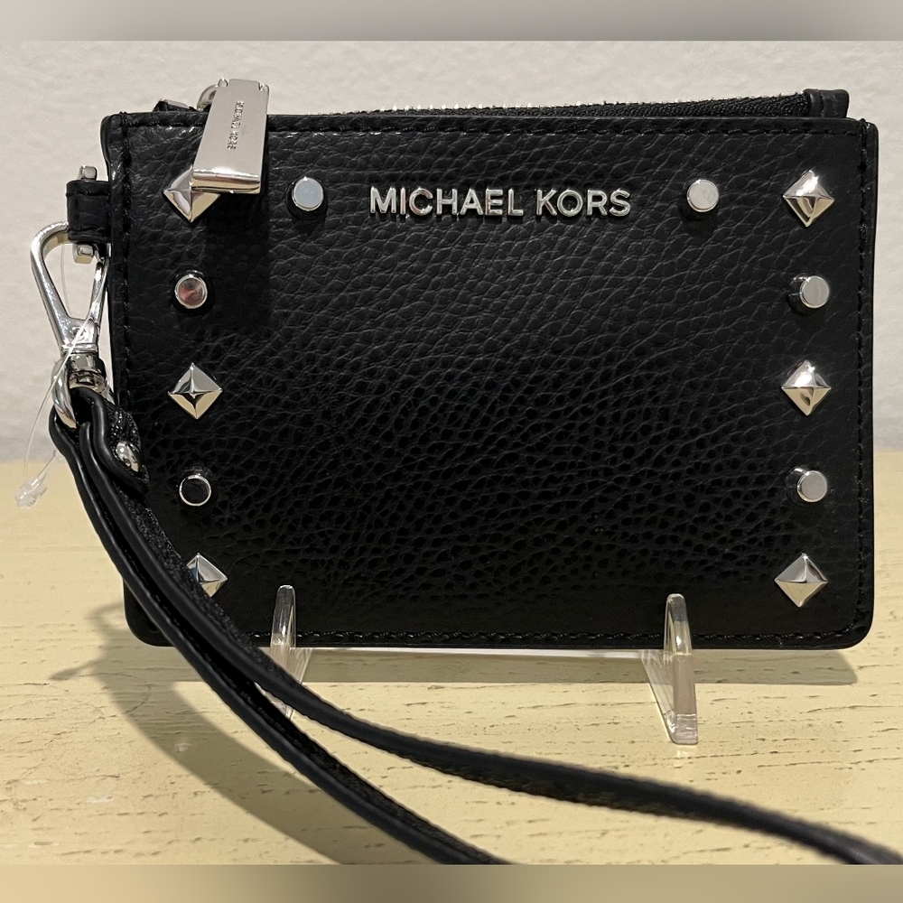 MICHAEL KORS Black Leather Studded Wristlet Card Case